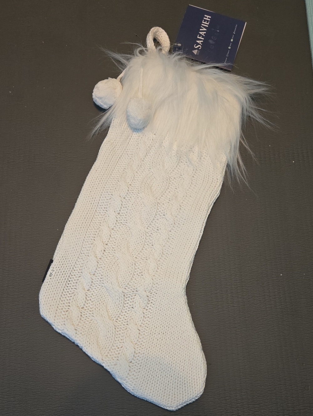Safavieh White Cable Knit Stocking with Faux Fur Cuff and Pom Pom Trim
